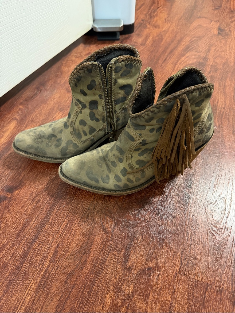 LIBERTY Black Olive Leopard Fringe Ankle Boots